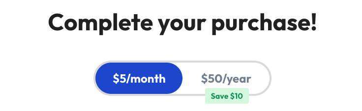 Photobucket purchase screen showing '$5/month' selected, with '$50/year — Save $10' as the alternative